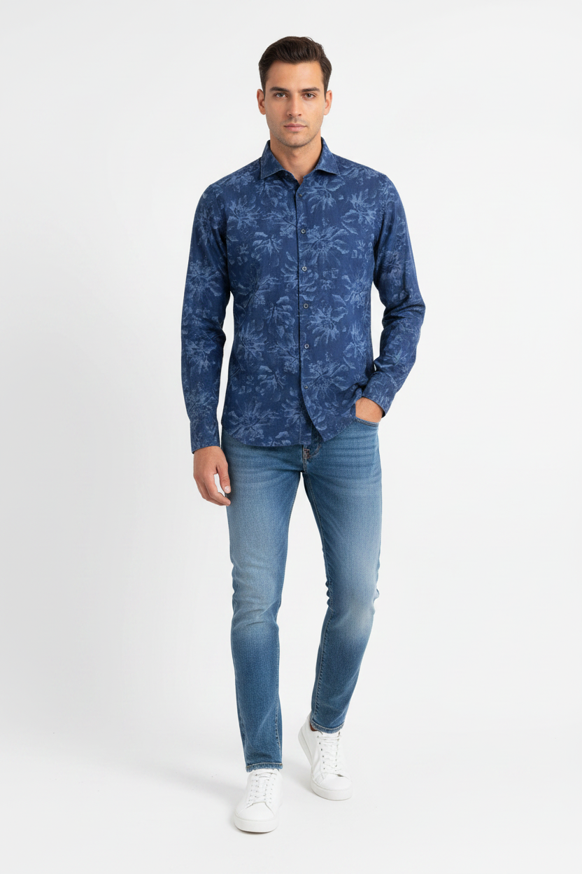 Camicia fantasia fiori blu Tintoria Mattei