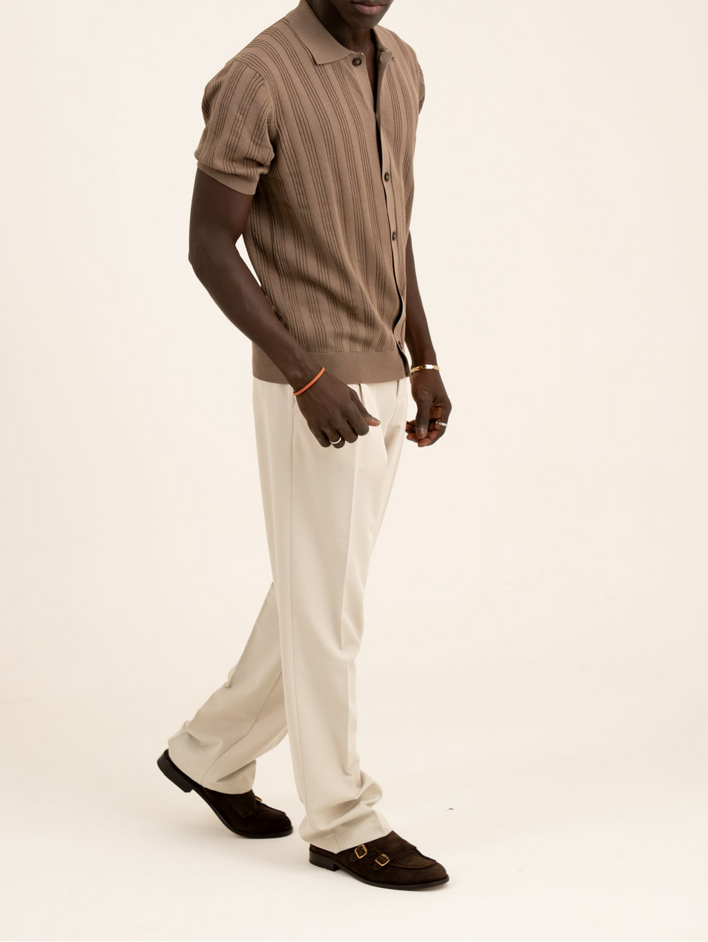 Camicia punto riga verticale traforato in cotone marrone