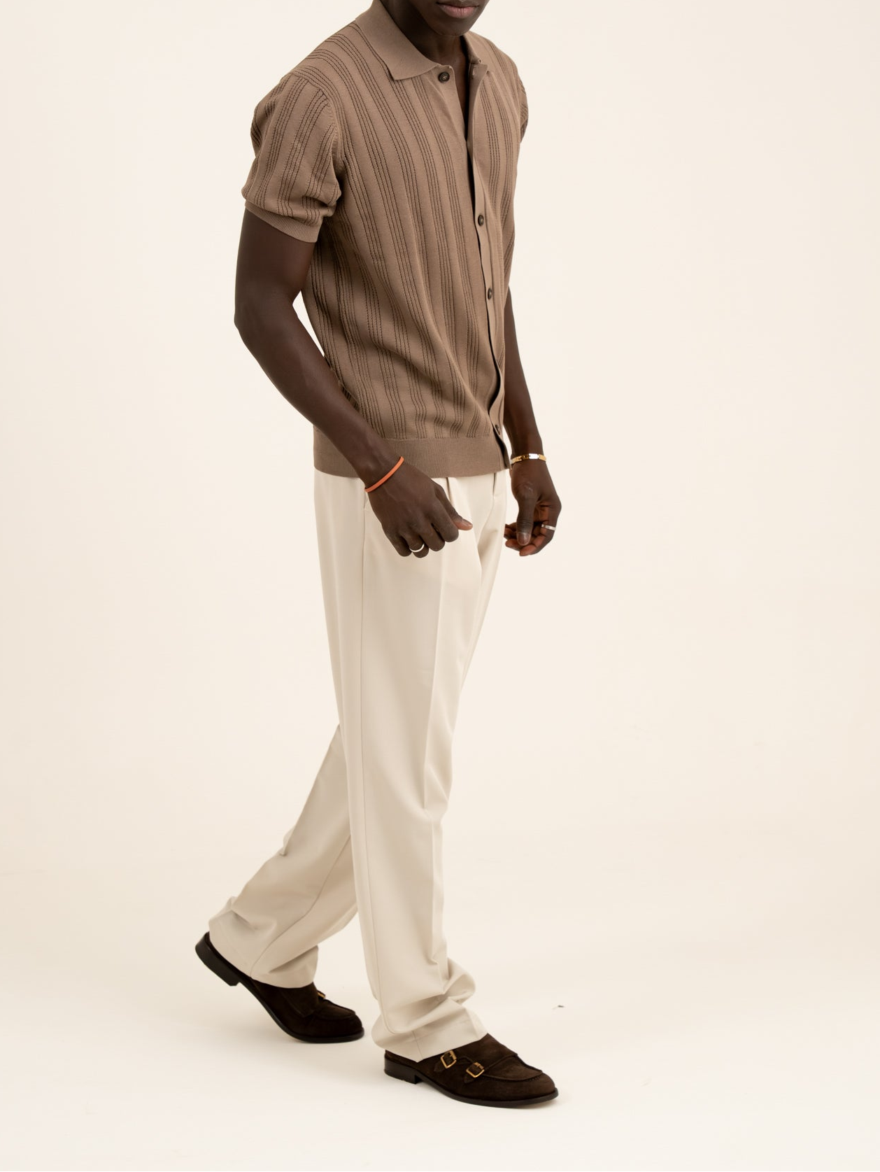 Camicia punto riga verticale traforato in cotone marrone