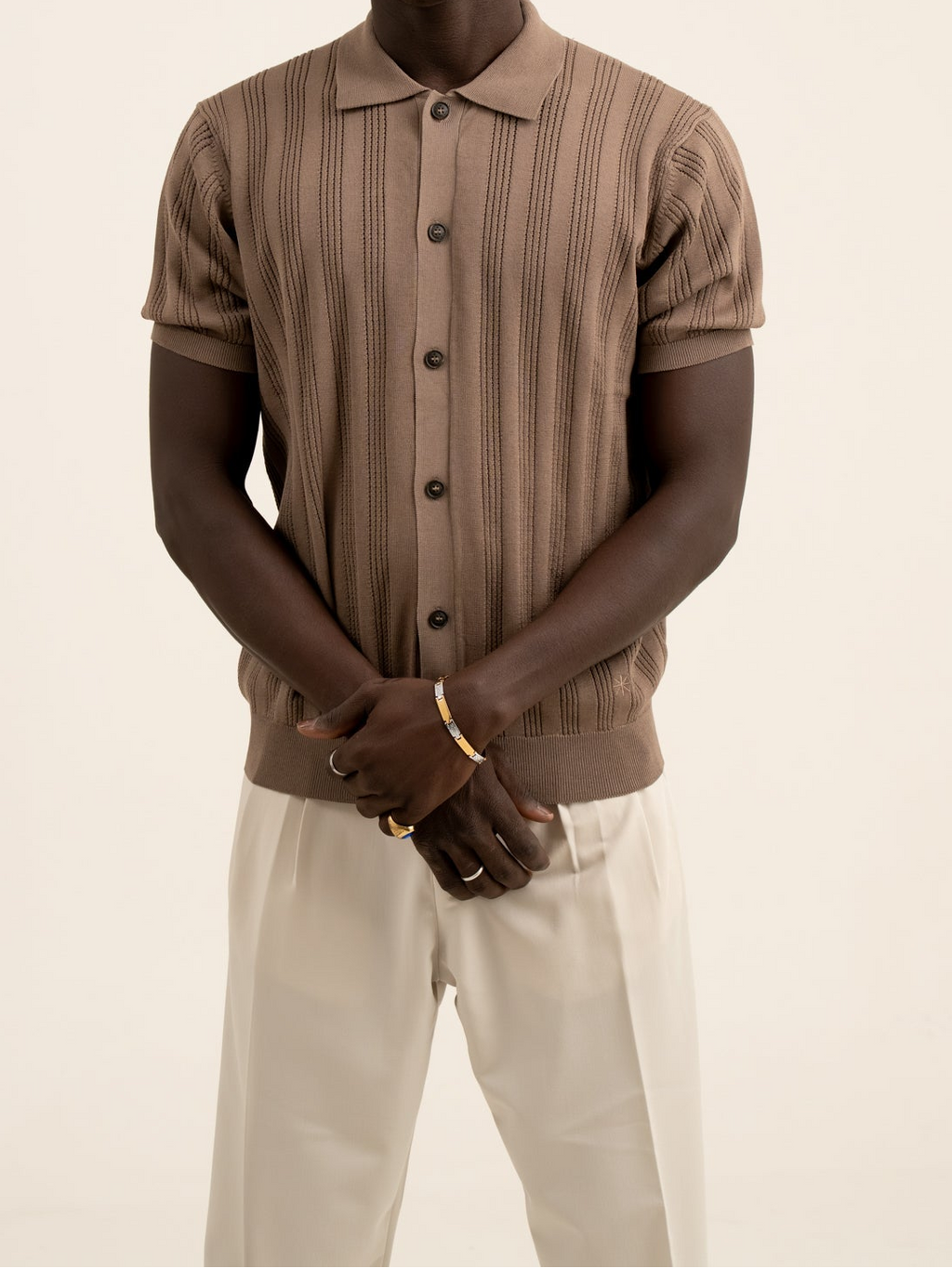 Camicia punto riga verticale traforato in cotone marrone