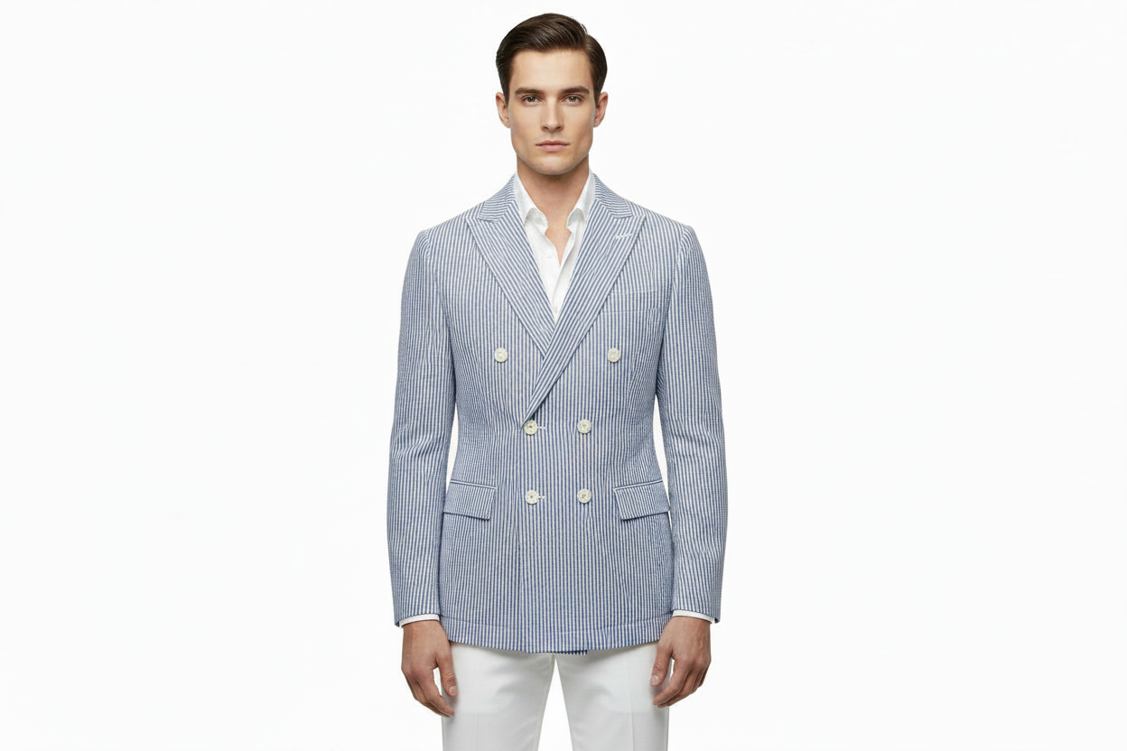 Blazer Doppio Petto blu a righe in seersucker leggero