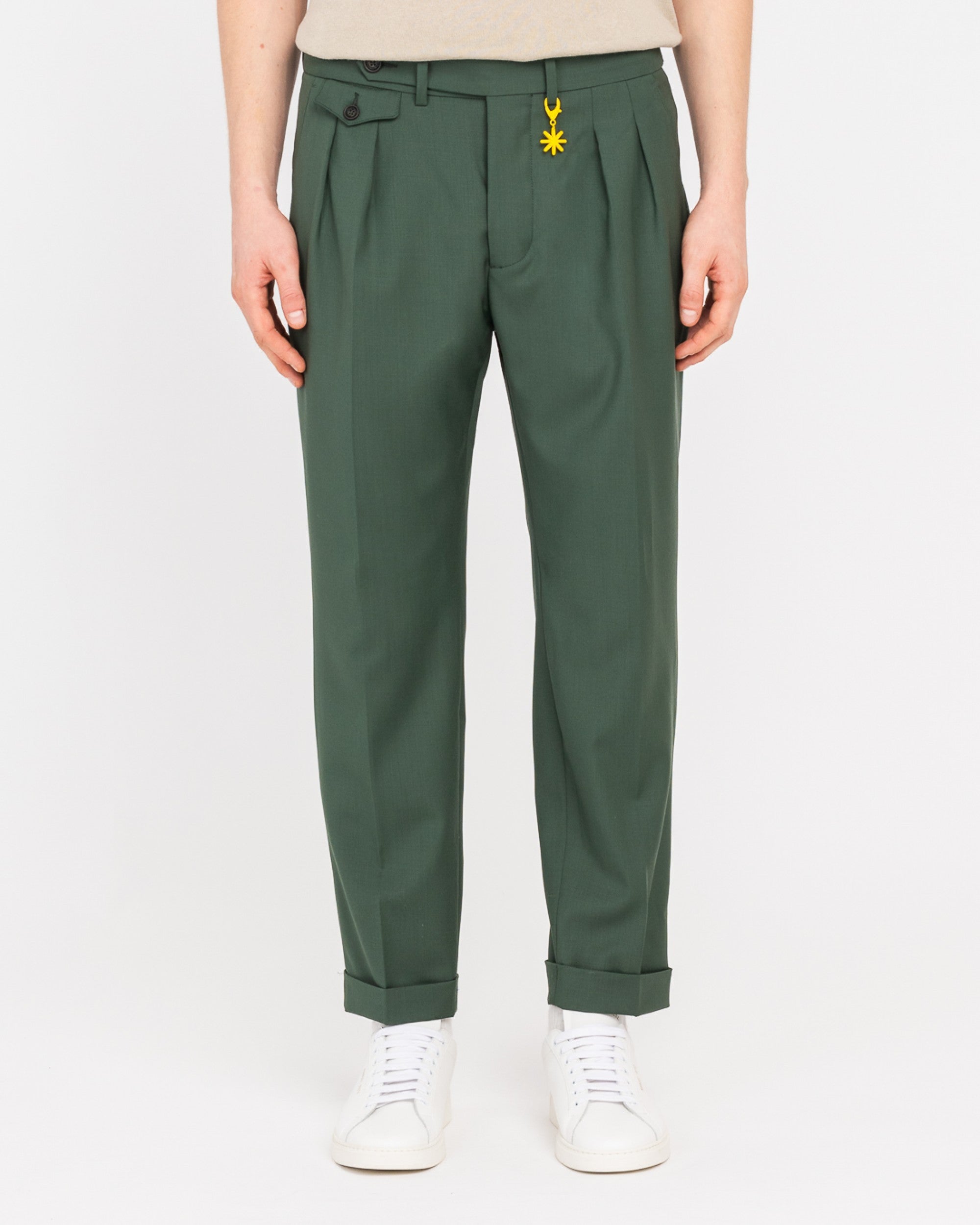 Pantalone doppia pinces fresco di lana stretch verde
