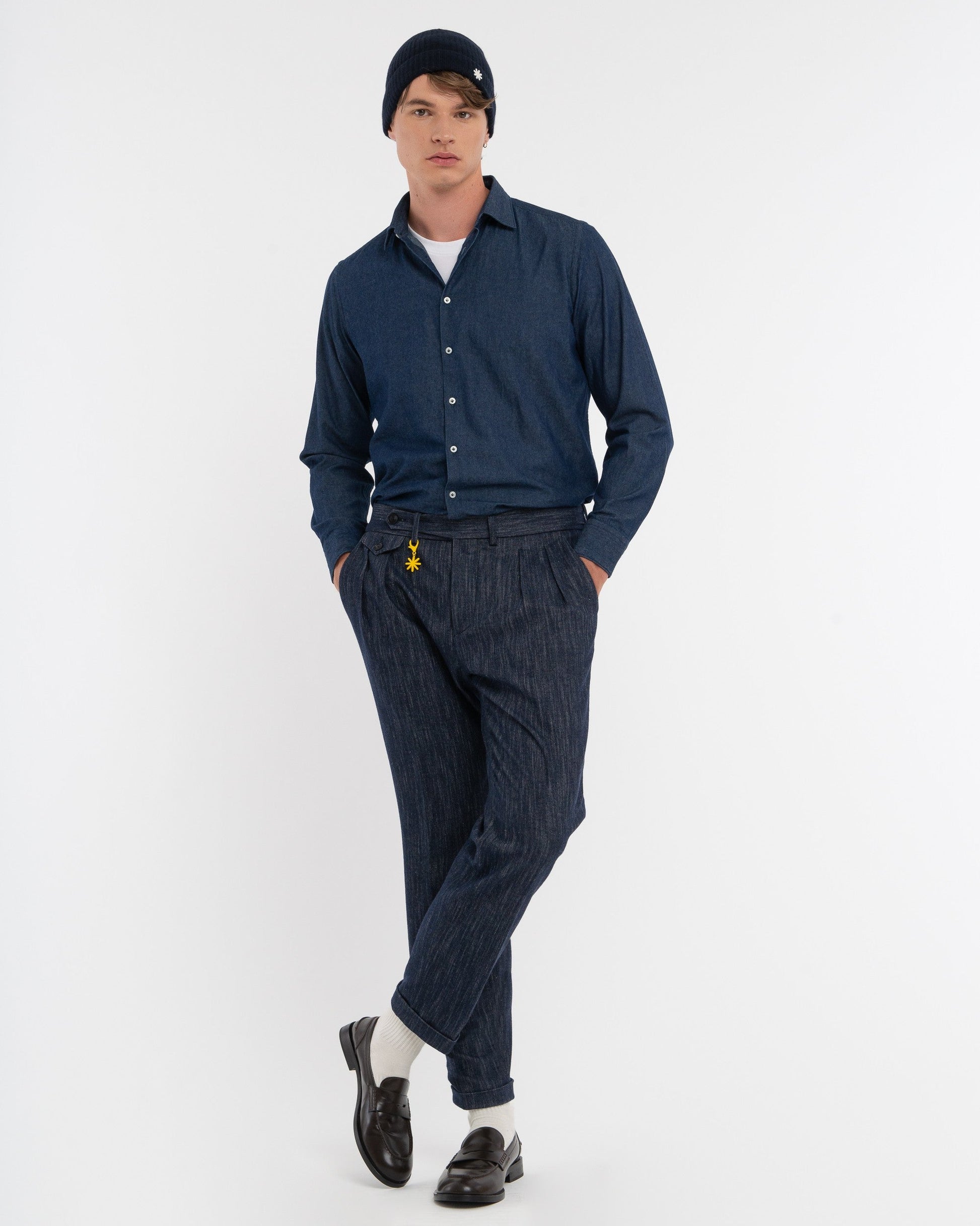 Camicia lavata chambray di cotone blu