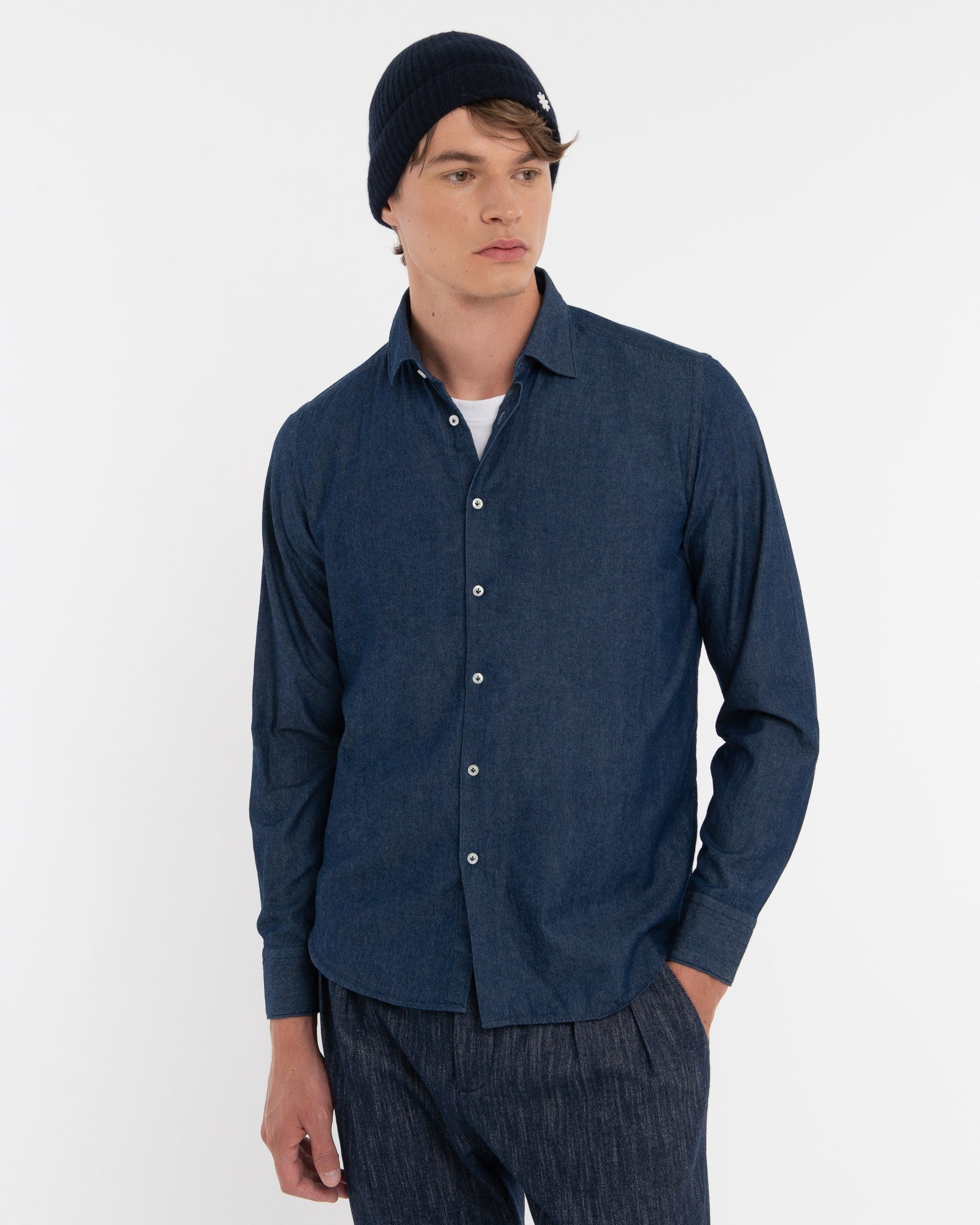 Camicia lavata chambray di cotone blu