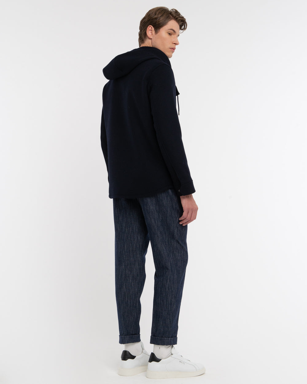 Giubbino con cappuccio panno misto lana blu