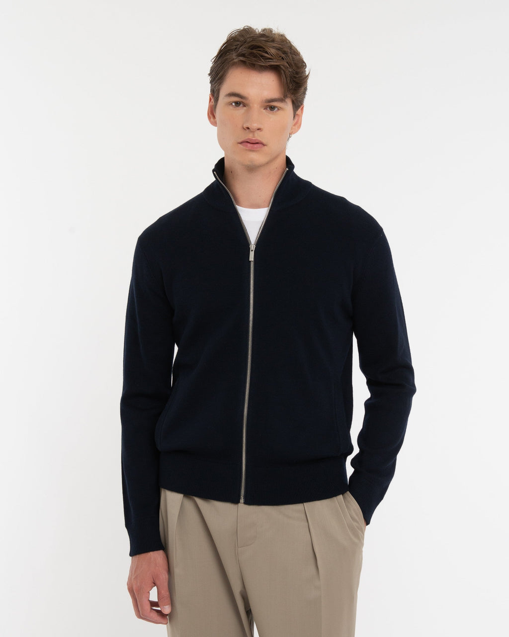 Cardigan full zip misto lana blu