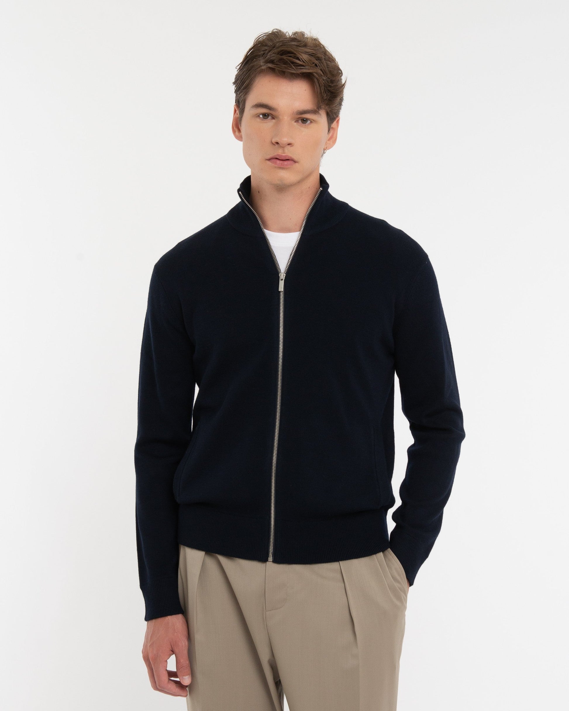 Cardigan full zip misto lana blu