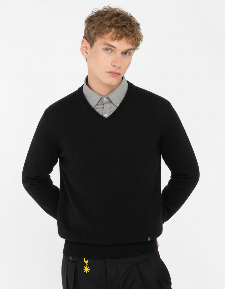 Maglia scollo v cardato pura lana nero