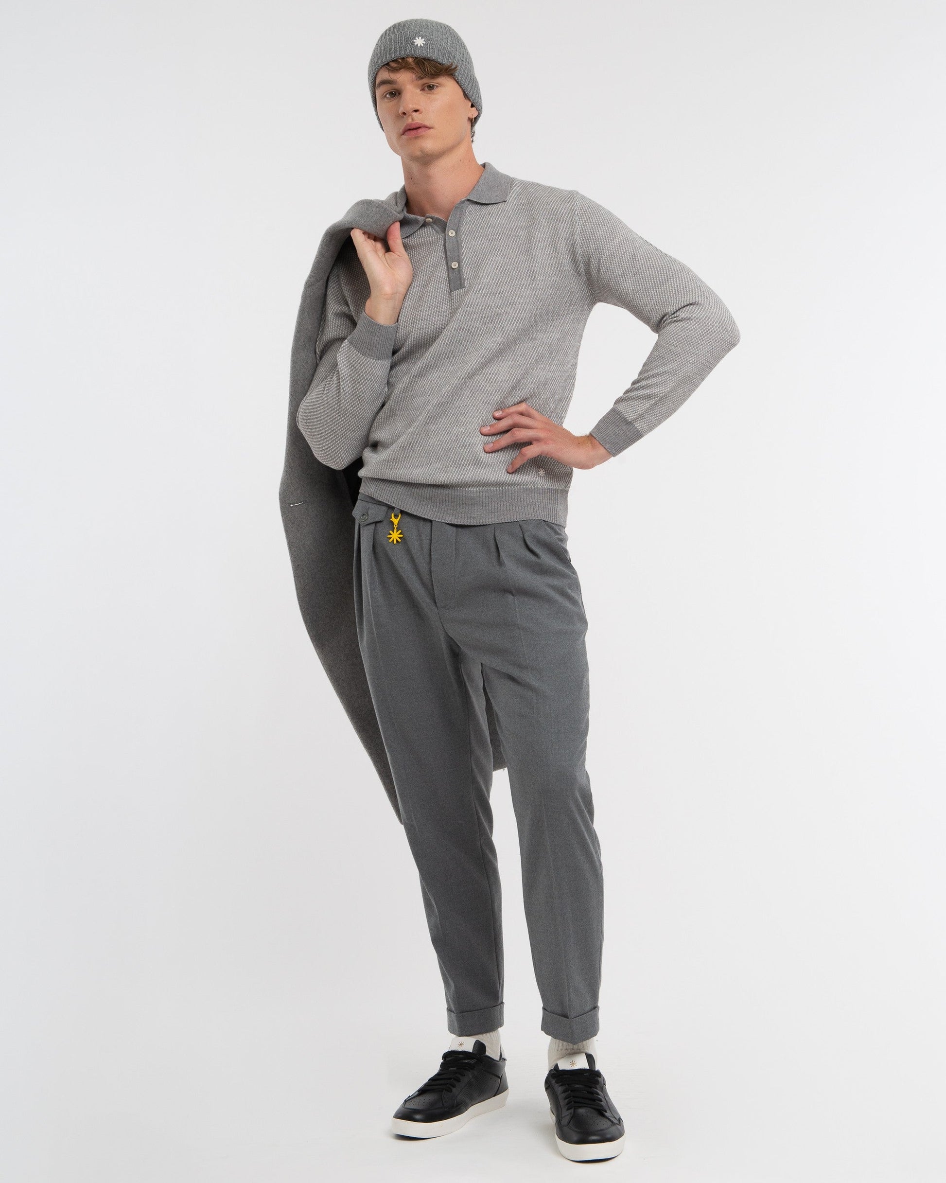 Polo jacquard misto lana grigio
