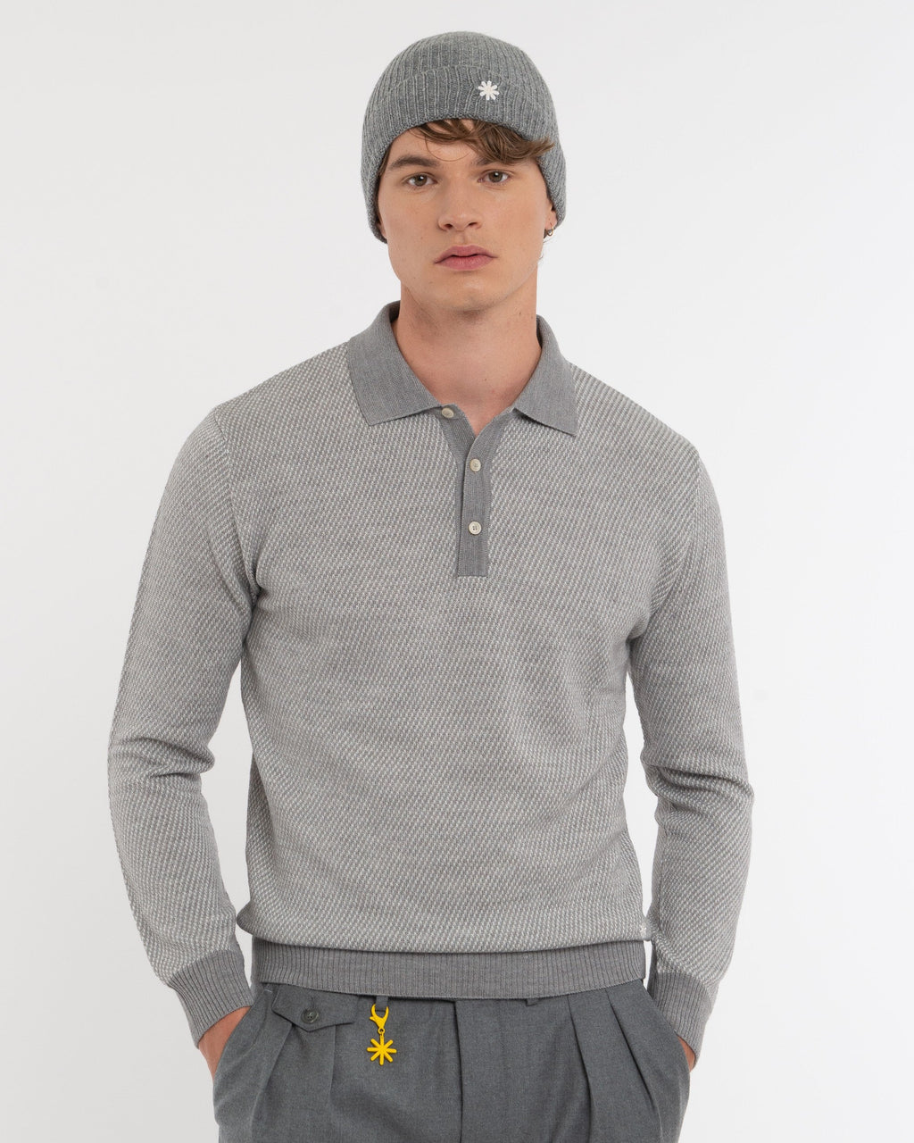 Polo jacquard misto lana grigio