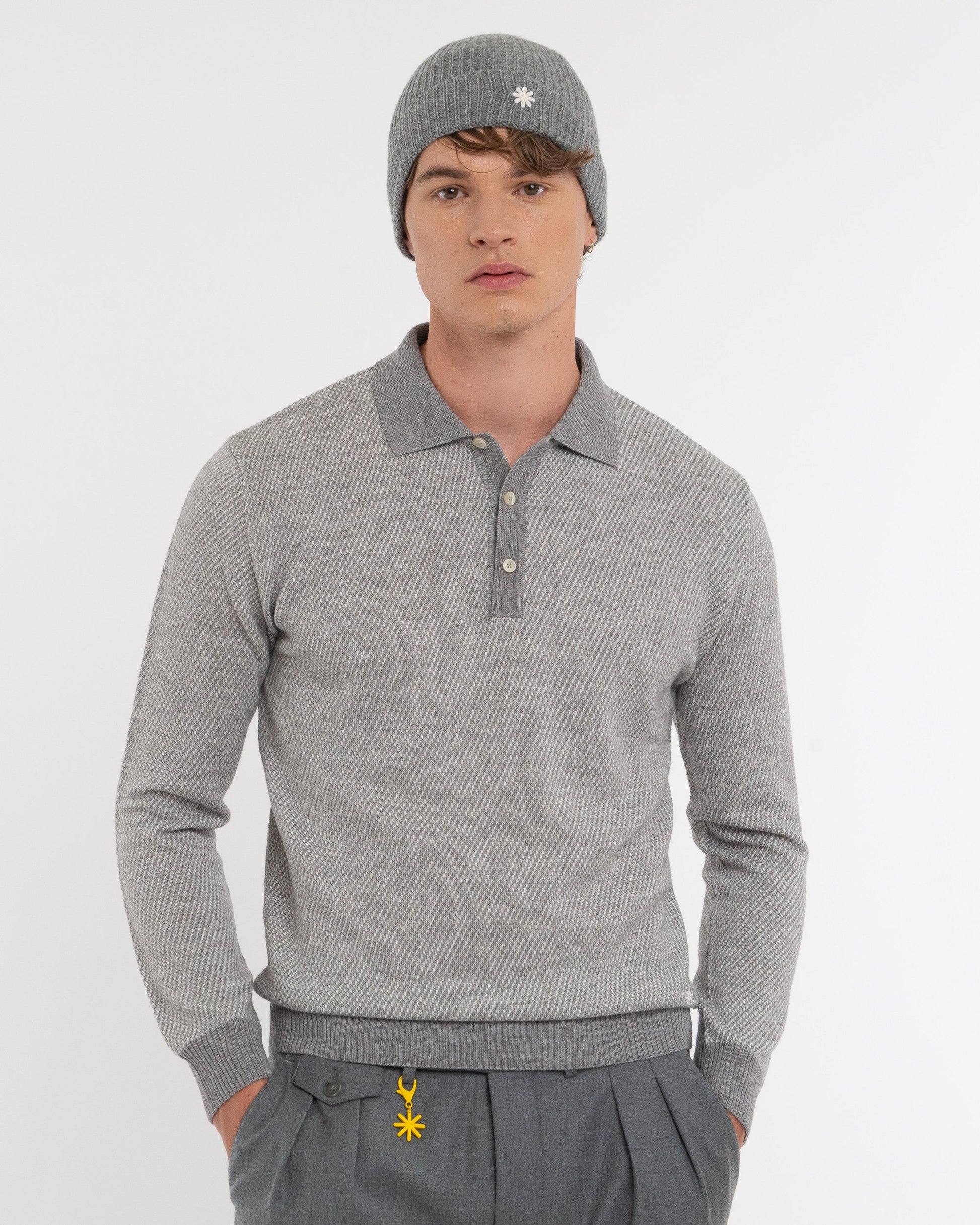 Polo jacquard misto lana grigio