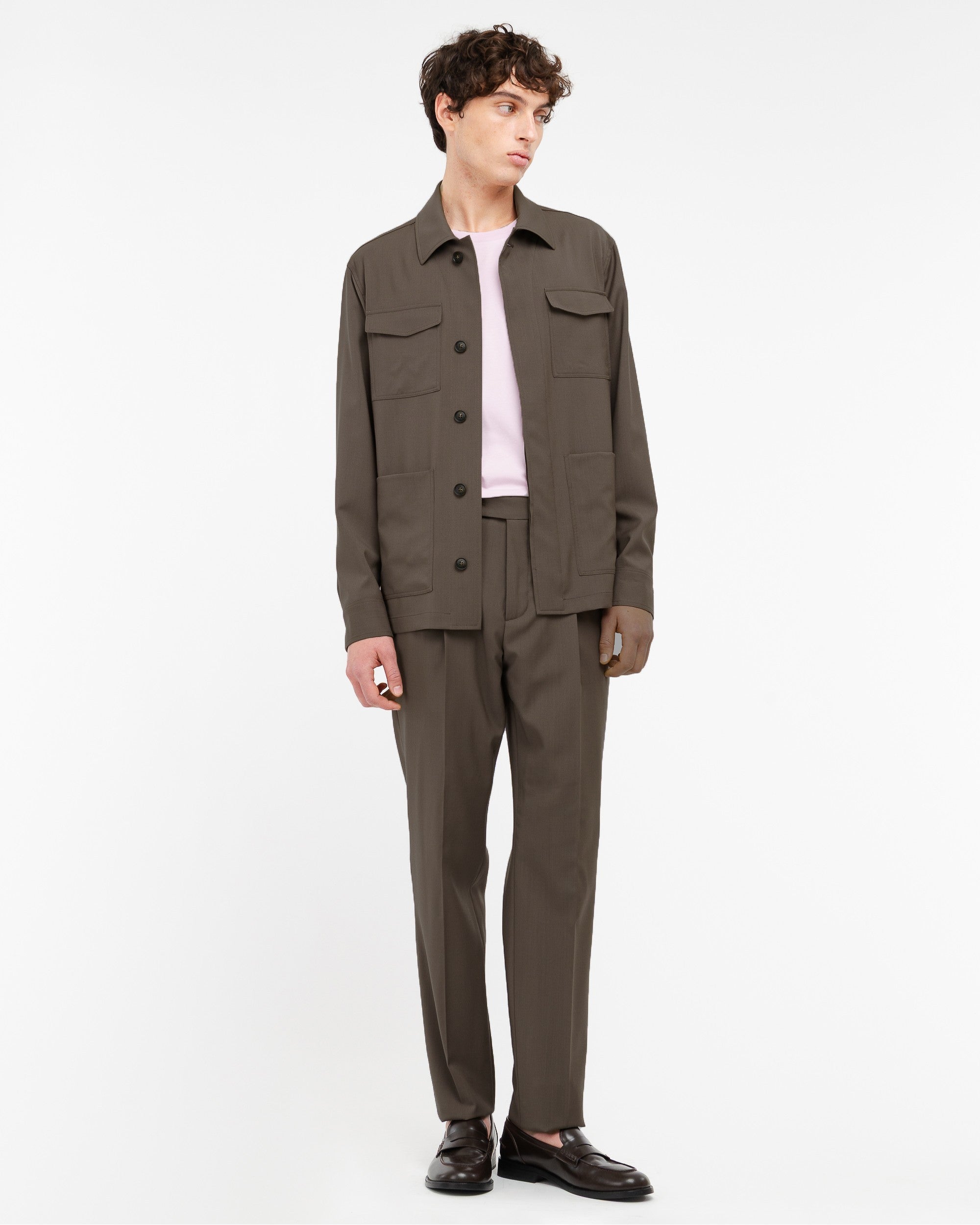 Overshirt fresco di lana stretch marrone