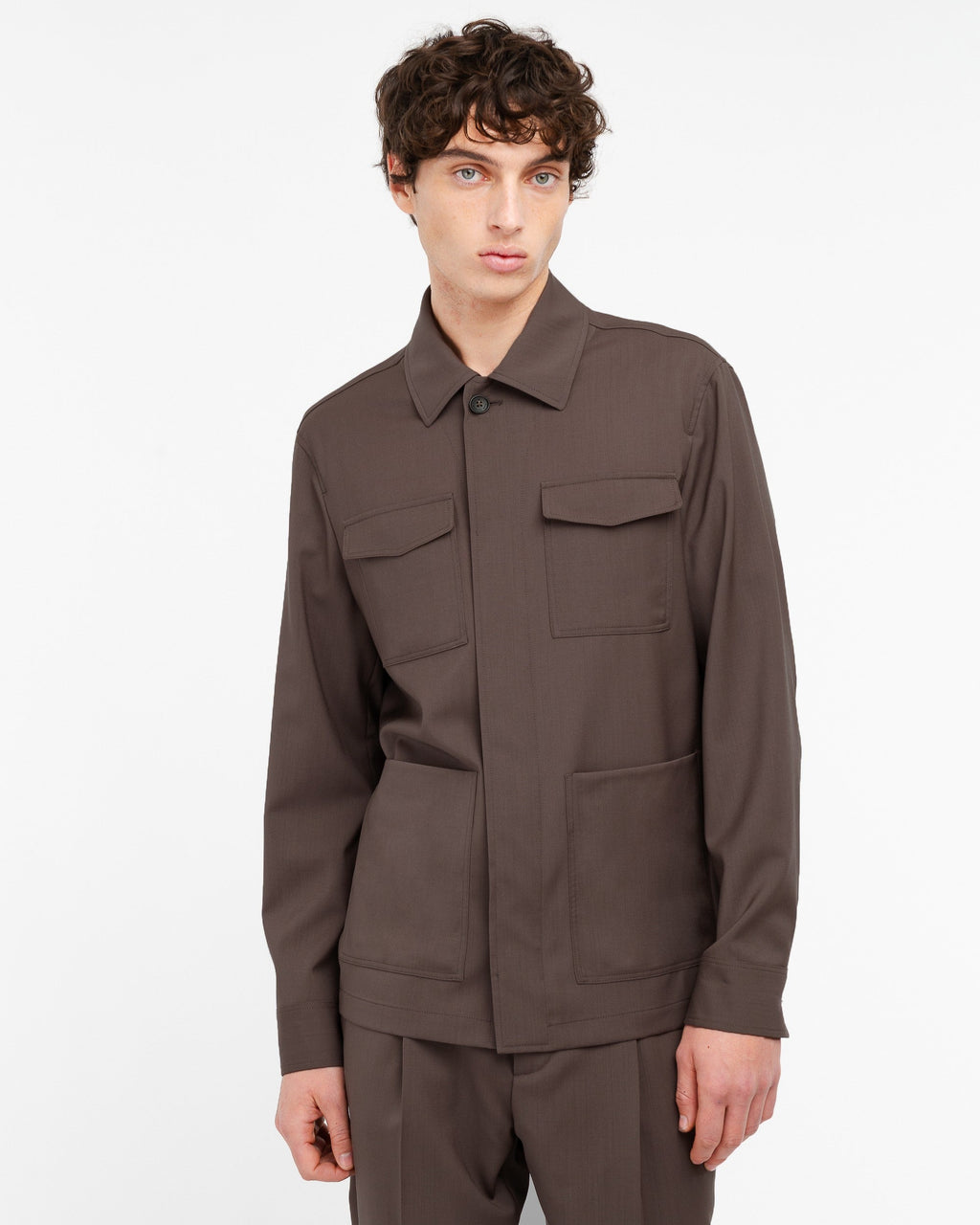 Overshirt fresco di lana stretch marrone