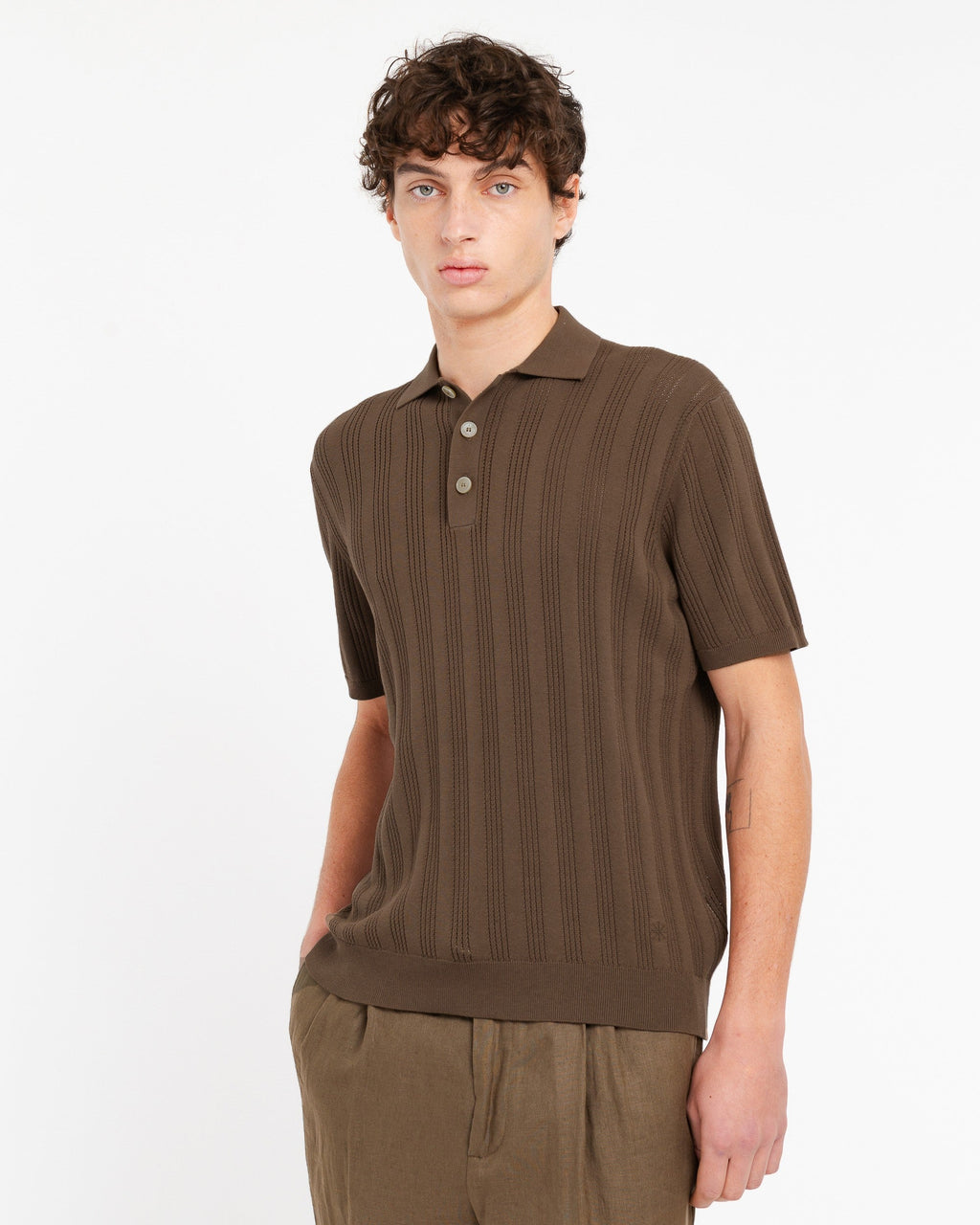 Polo punto riga verticale traforato in cotone marrone