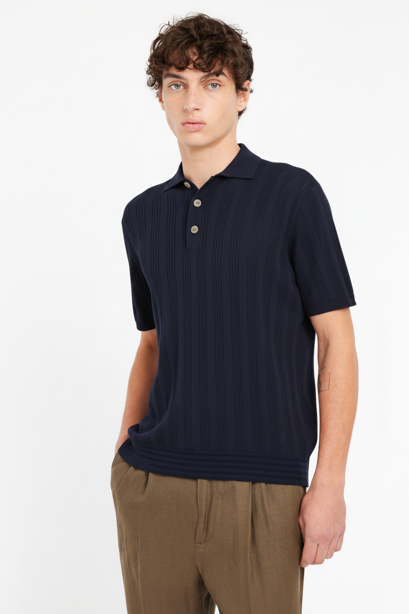 Polo punto riga verticale traforato in cotone blu