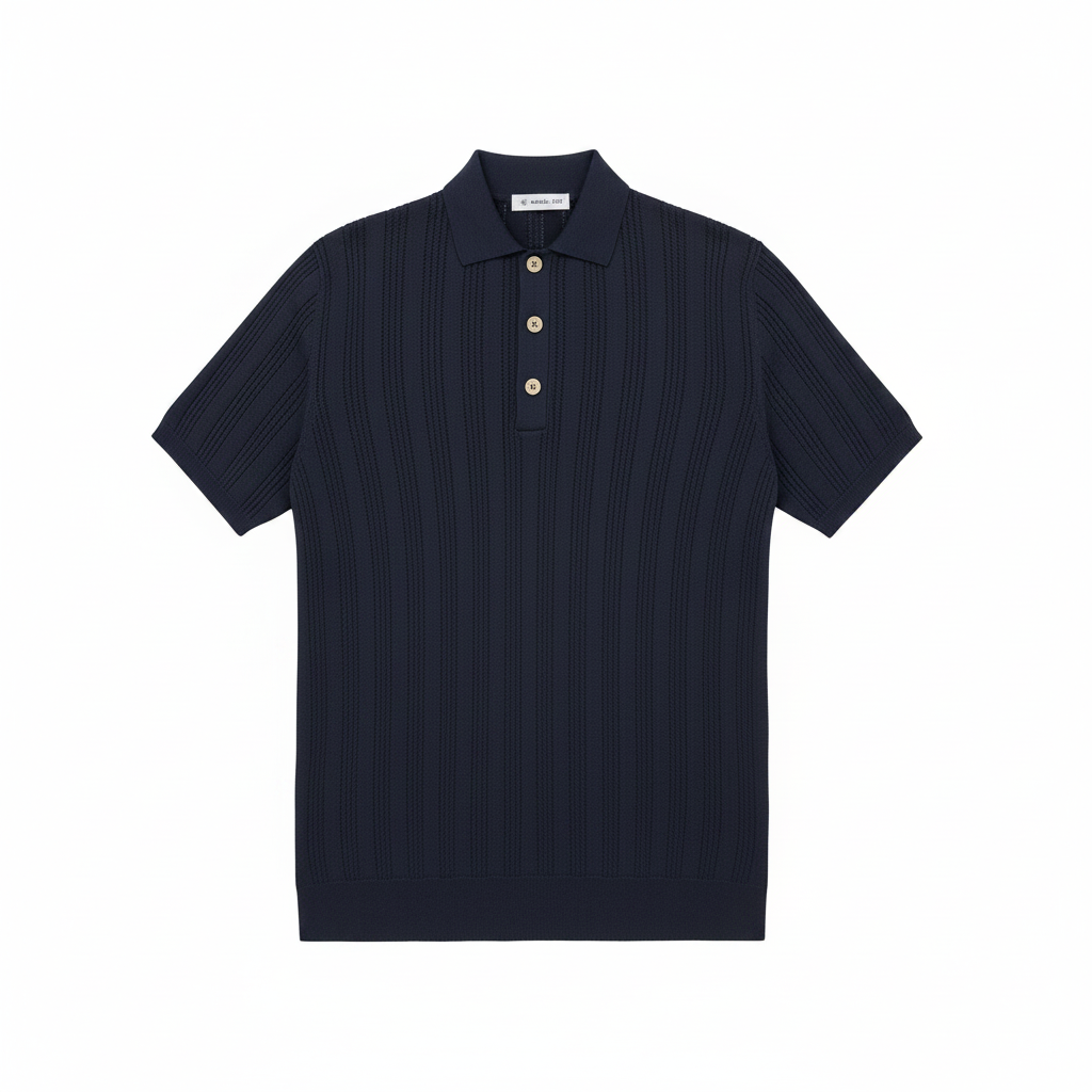 Polo punto riga verticale traforato in cotone blu