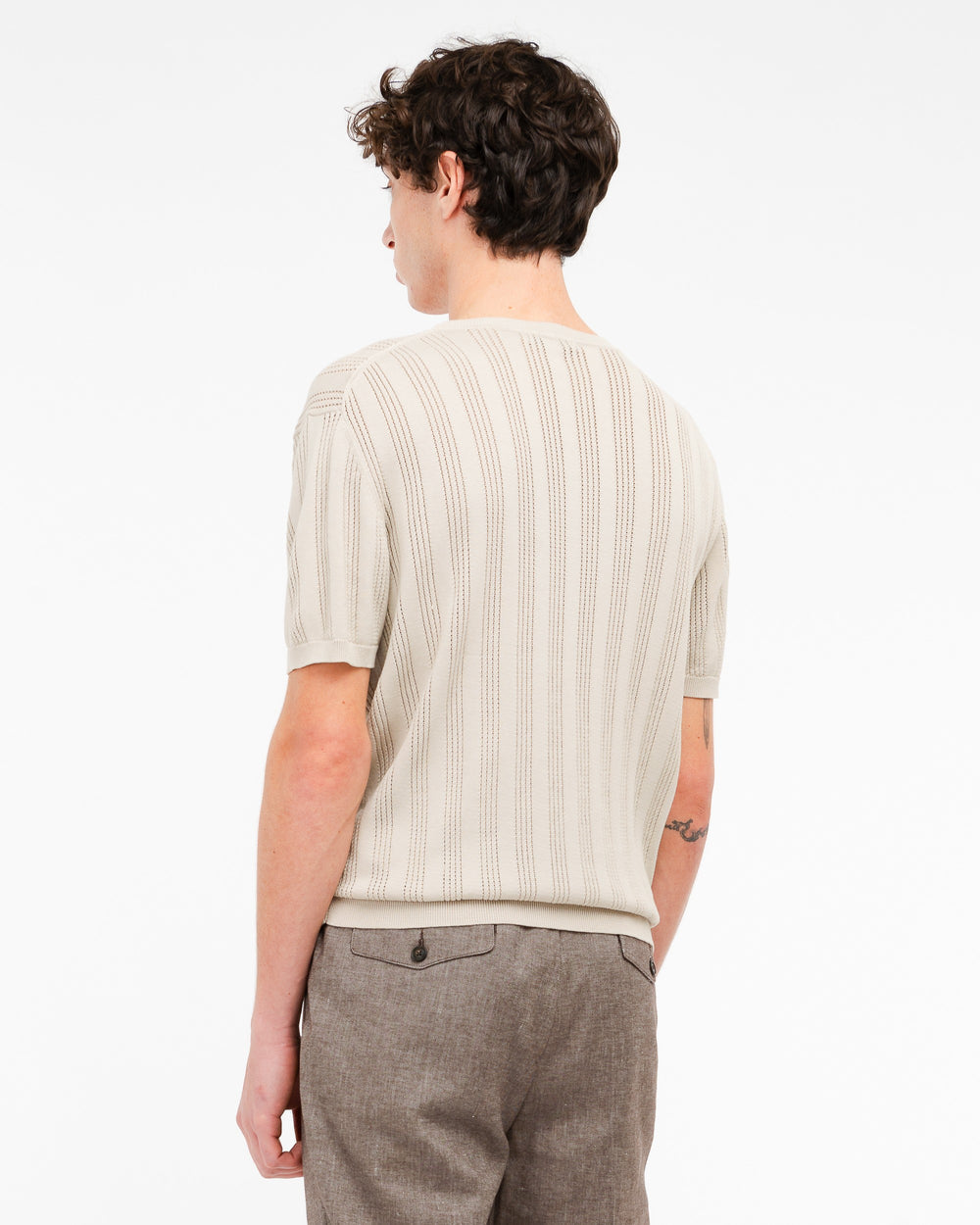 T-shirt punto riga verticale traforato in cotone beige