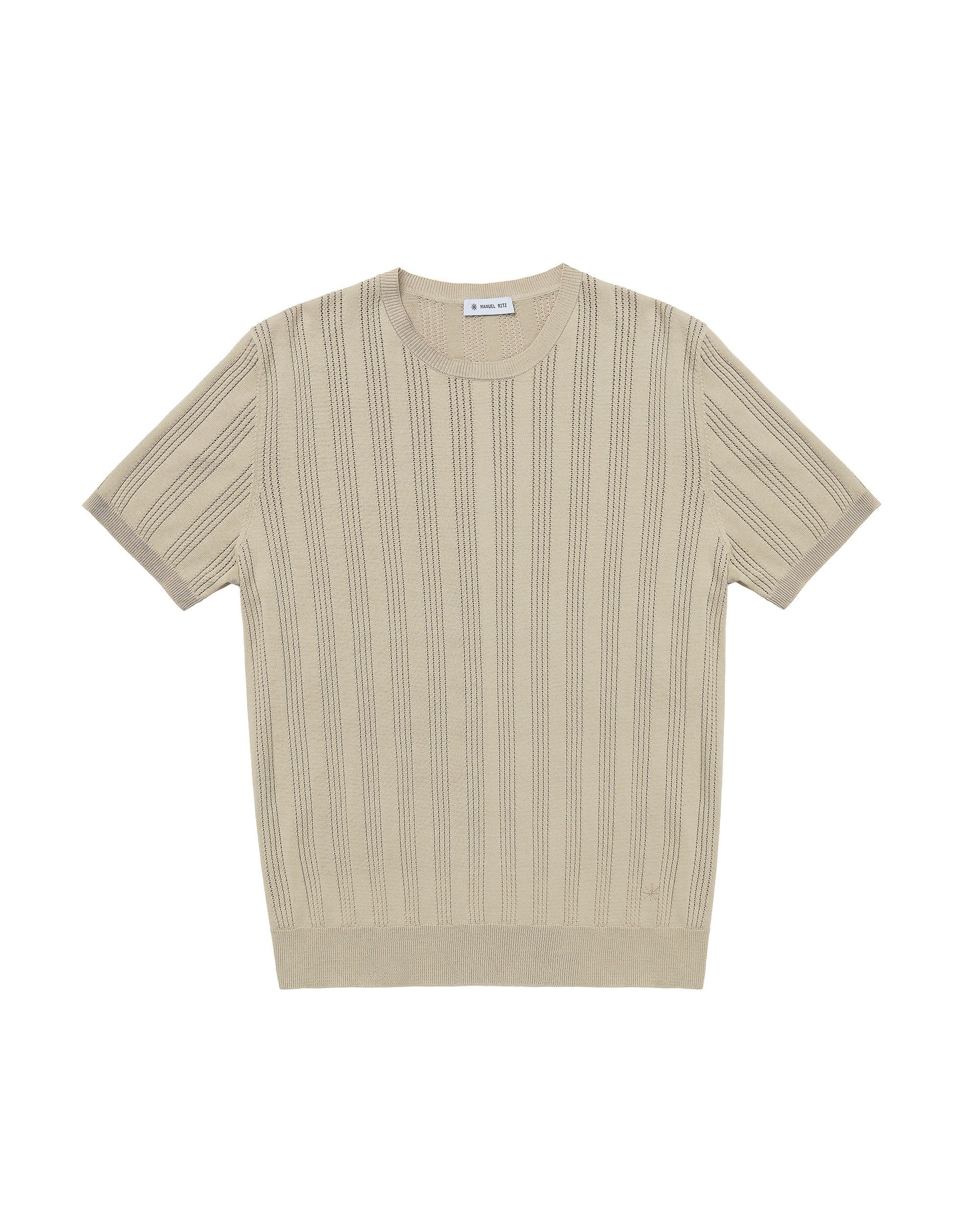 T-shirt punto riga verticale traforato in cotone beige