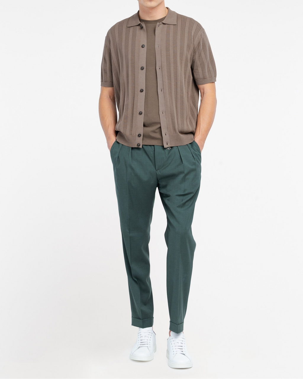 Camicia punto riga verticale traforato in cotone marrone