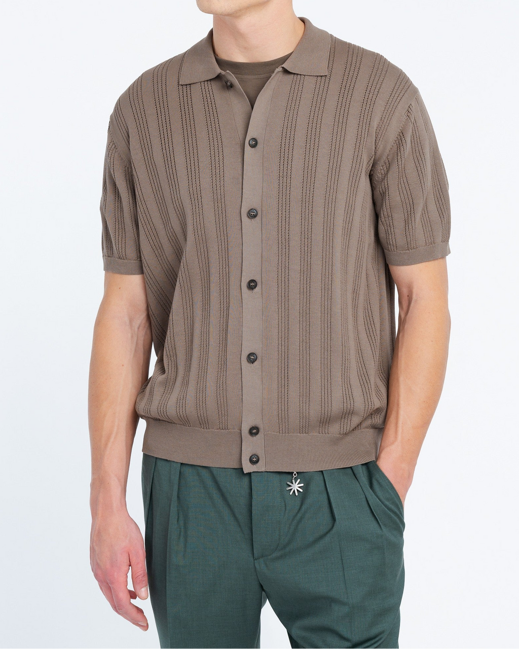 Camicia punto riga verticale traforato in cotone marrone