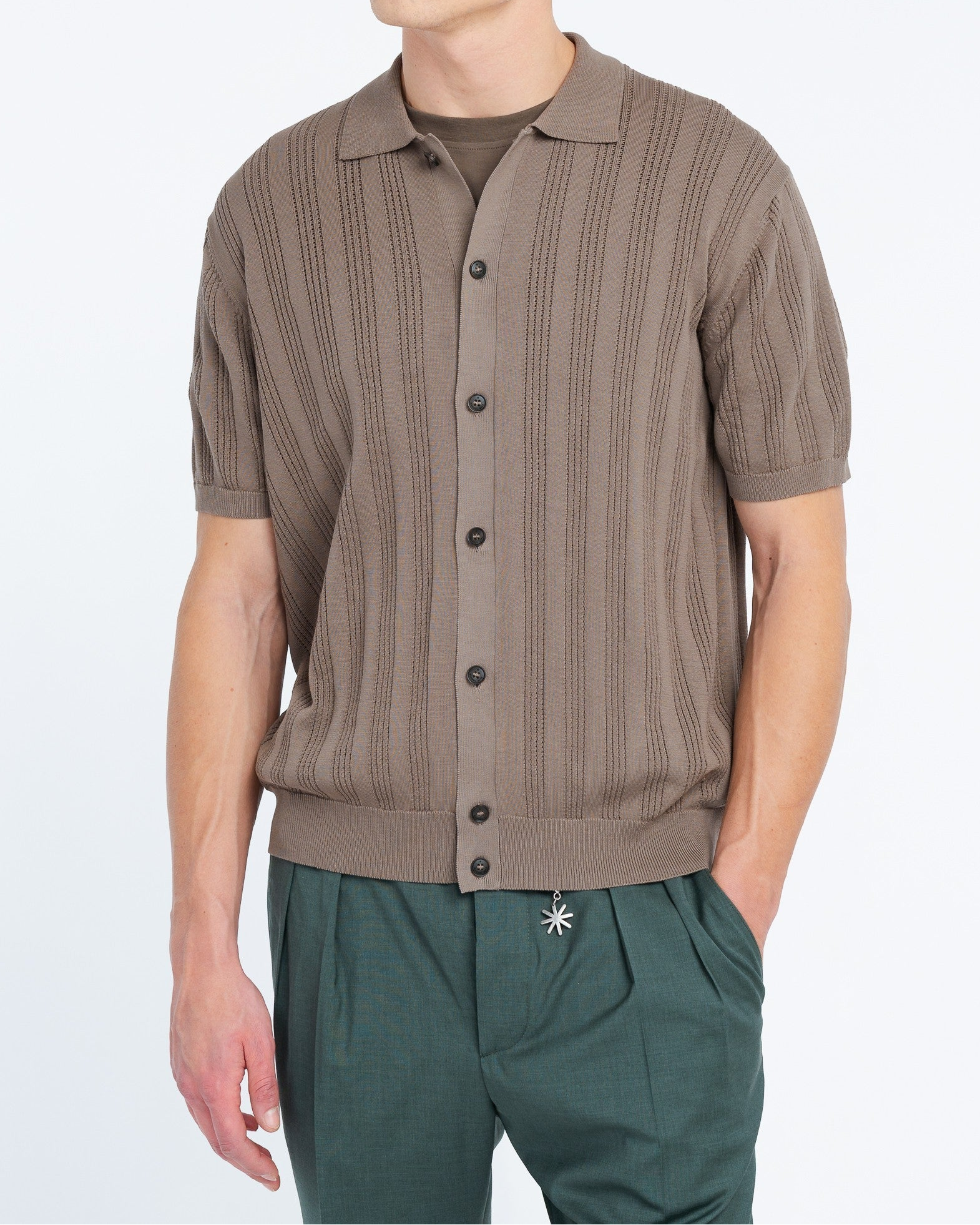 Camicia punto riga verticale traforato in cotone marrone