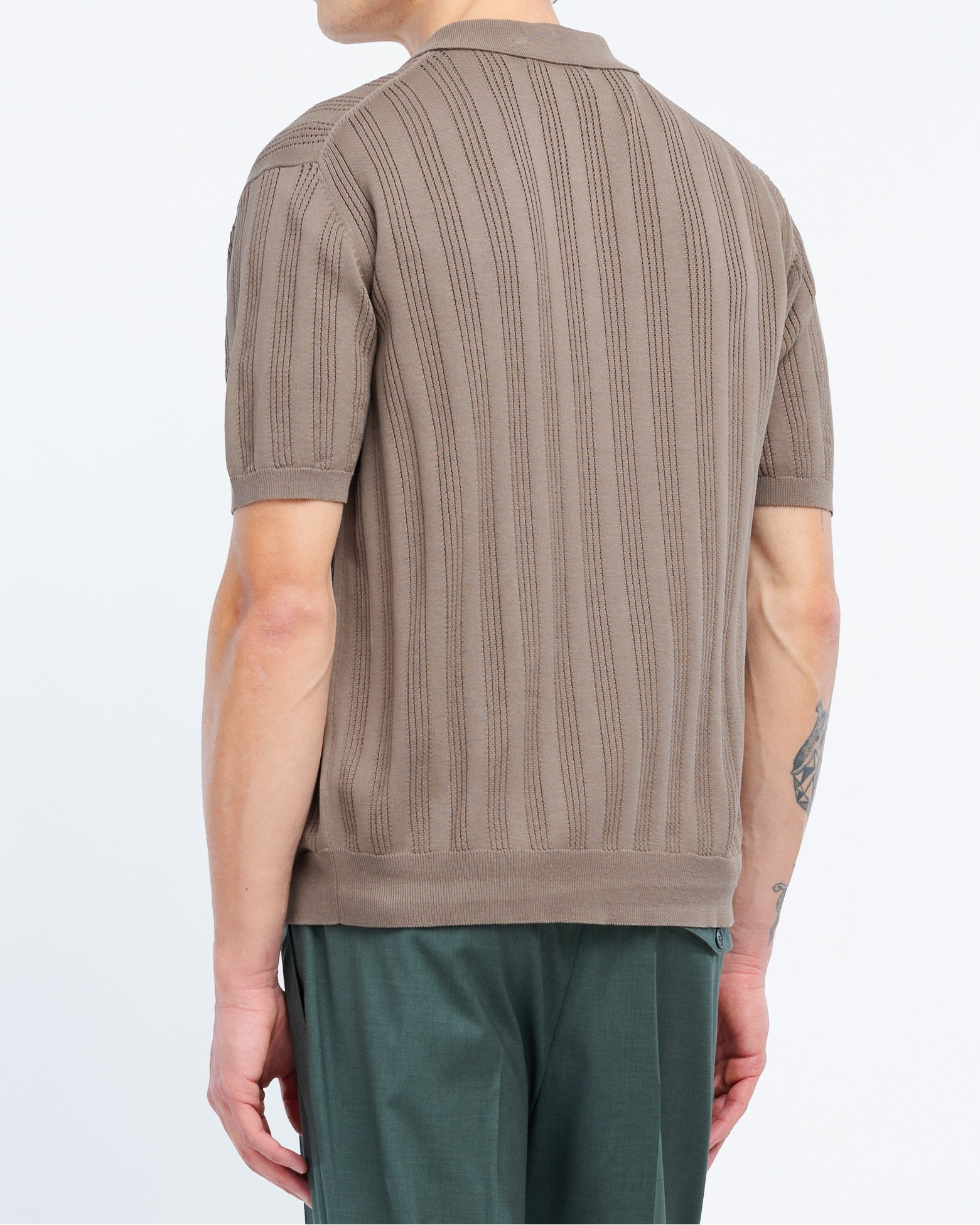 Camicia punto riga verticale traforato in cotone marrone