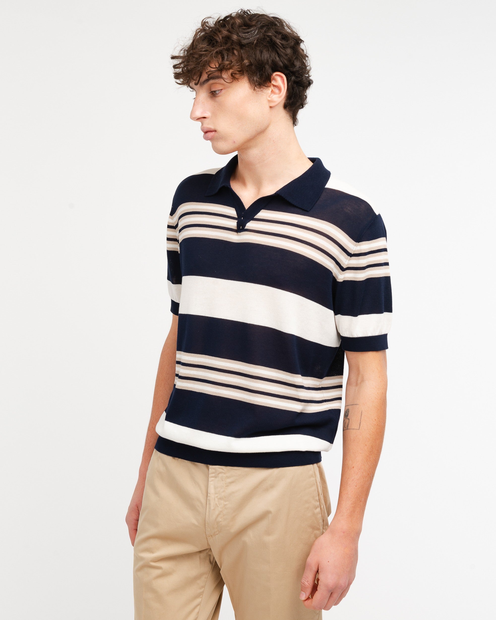 Polo open collar multiriga cotone rasato blu