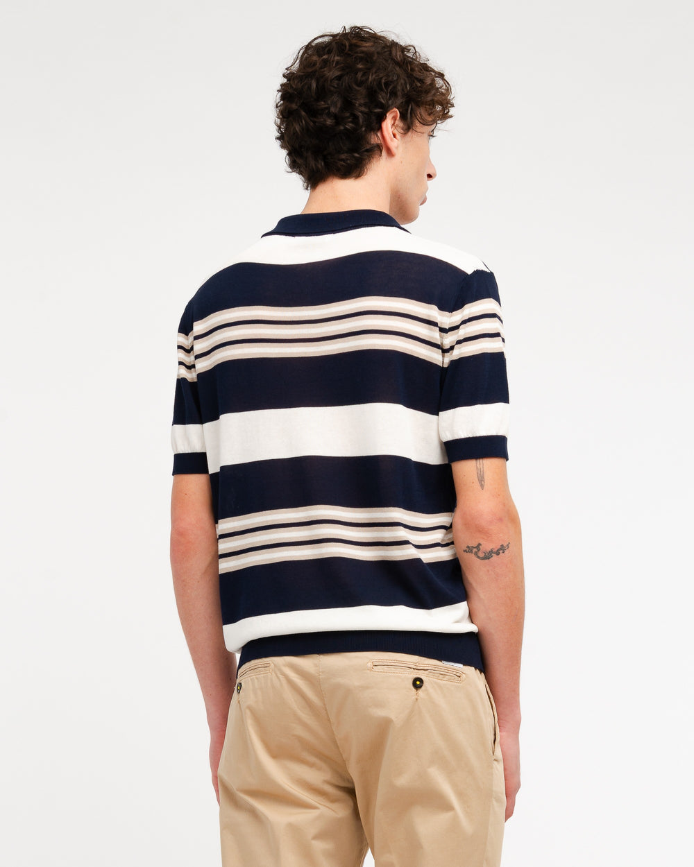 Polo open collar multiriga cotone rasato blu
