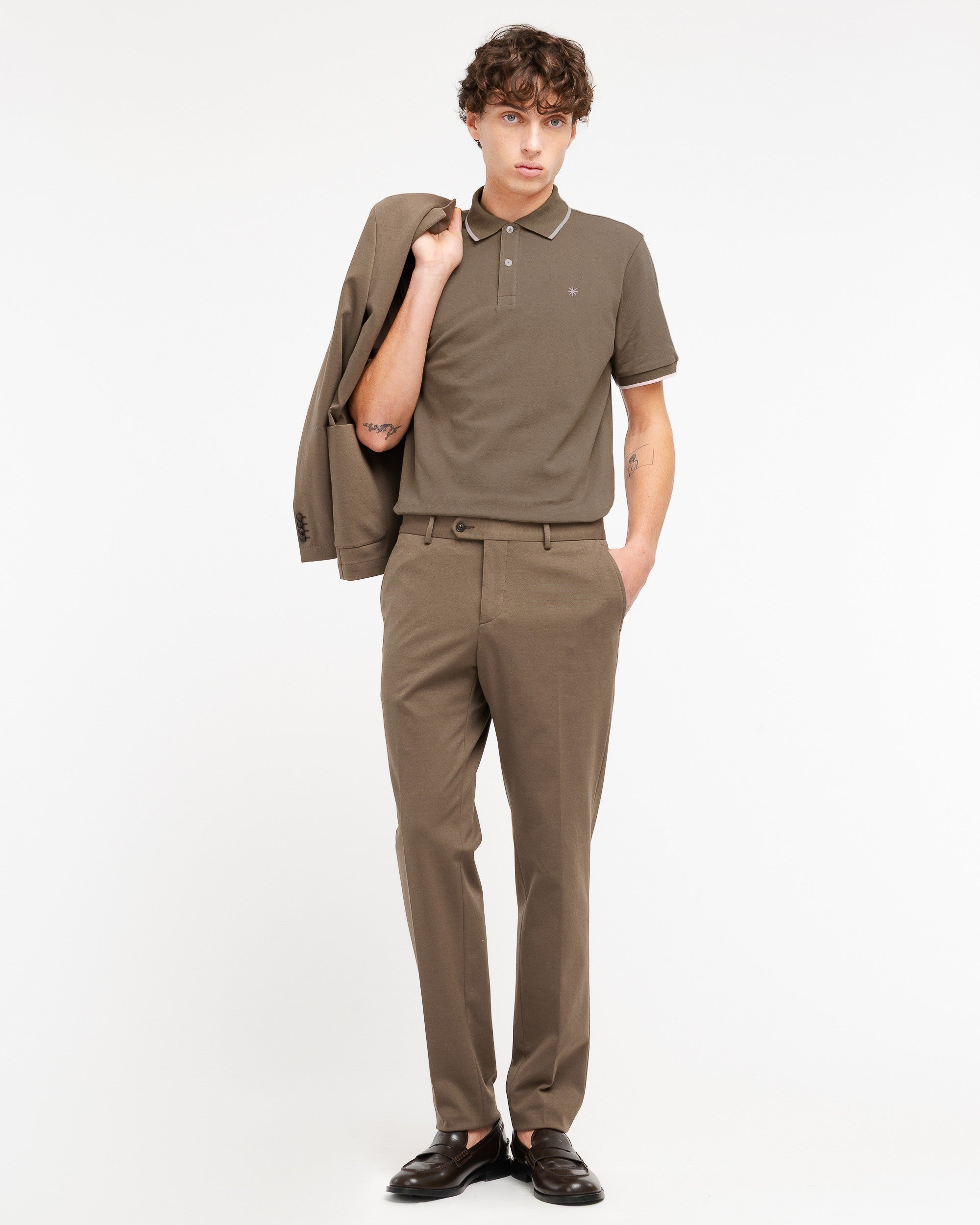 Polo contrasti in piquet marrone