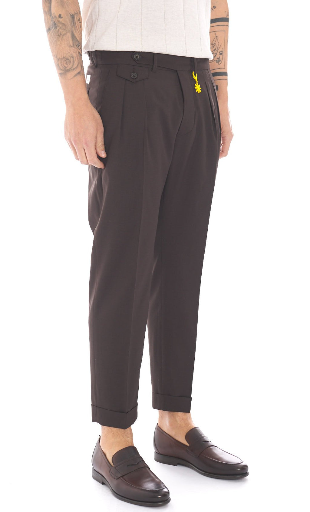 Pantalone doppia pinces fresco di lana stretch blu marrone