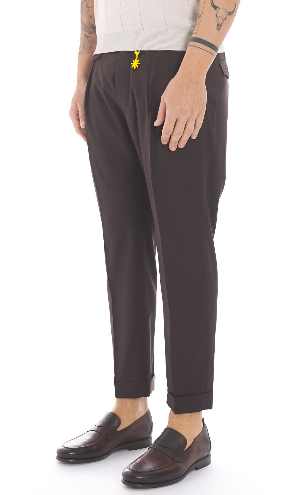 Pantalone doppia pinces fresco di lana stretch blu marrone
