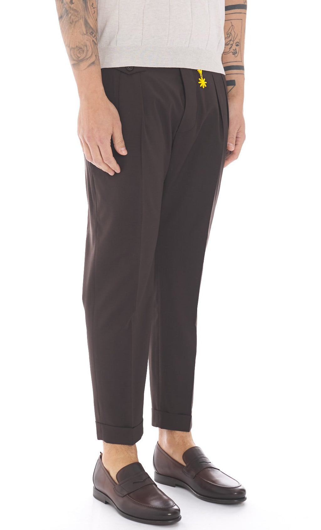 Pantalone doppia pinces fresco di lana stretch blu marrone