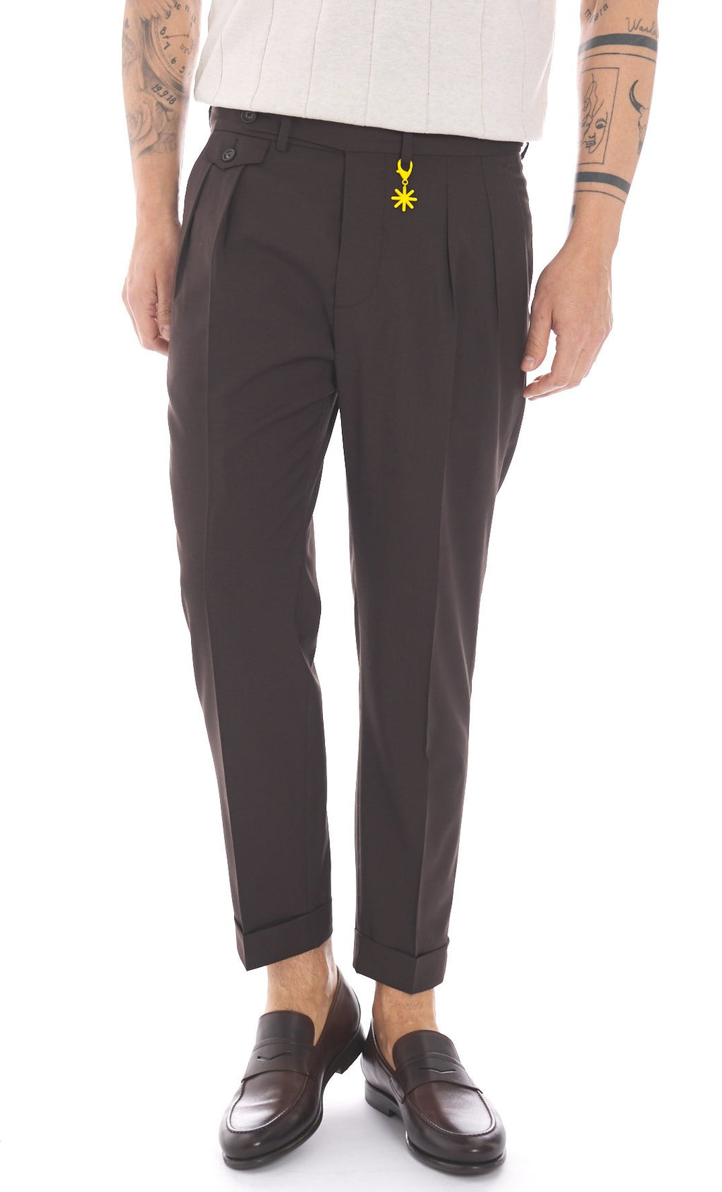 Pantalone doppia pinces fresco di lana stretch blu marrone