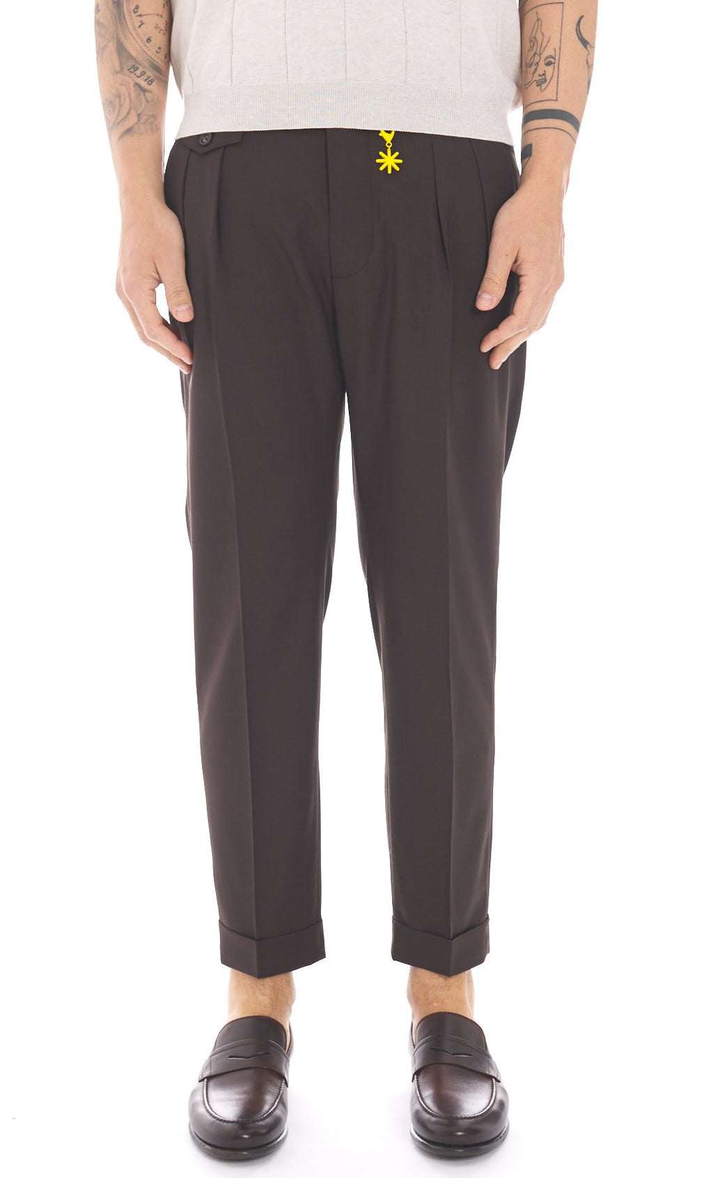 Pantalone doppia pinces fresco di lana stretch blu marrone