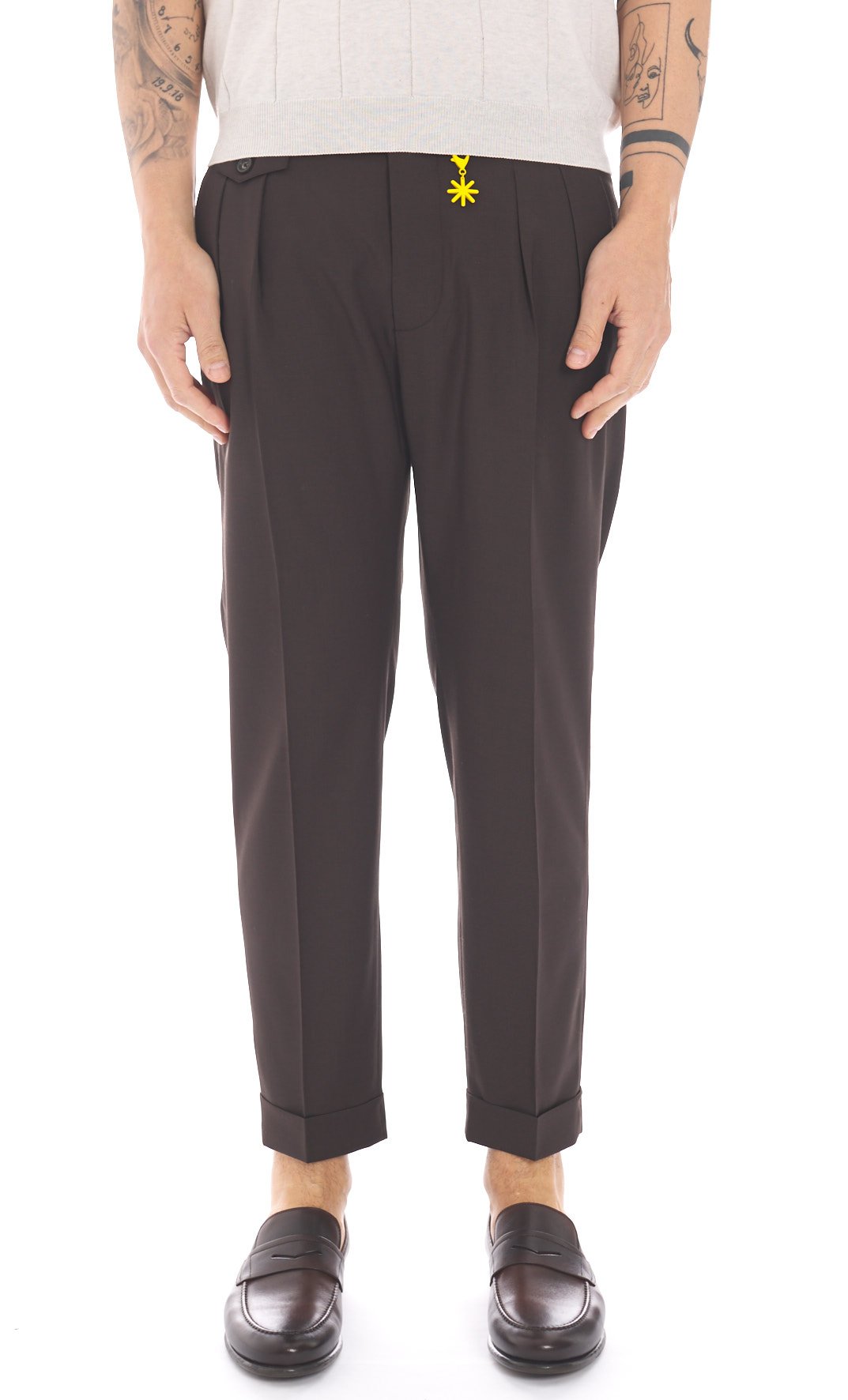 Pantalone doppia pinces fresco di lana stretch blu marrone